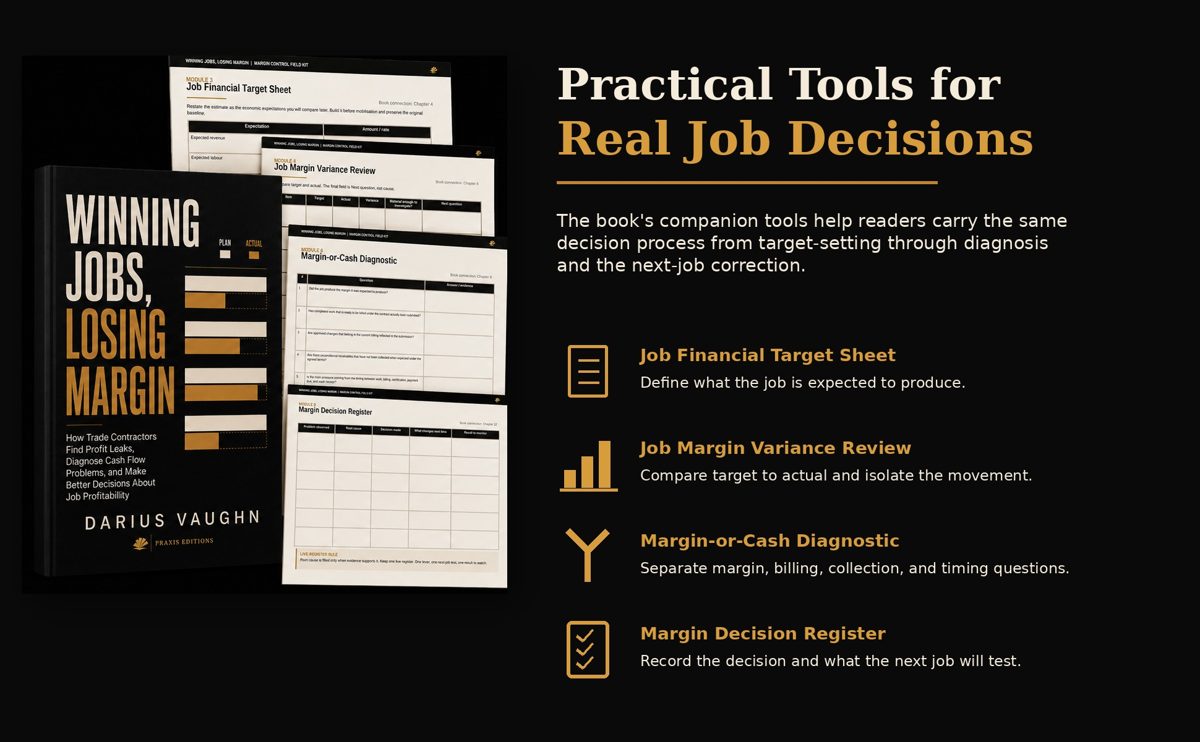 Practical tools for job financial targets, margin variance review, margin-or-cash diagnosis, and decision records